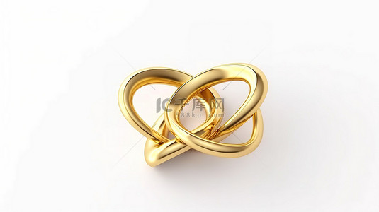 心形金结婚戒指互锁，在白色背景下以 3D 渲染呈现