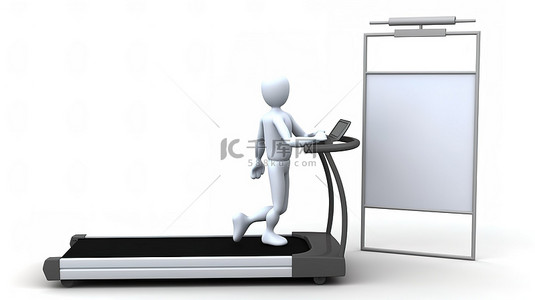站在跑步机上的 3D 图在白色背景渲染图像上持有空白剪贴板