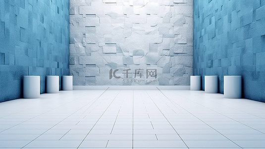 蓝色墙壁背景下白色石地板的 3D 渲染