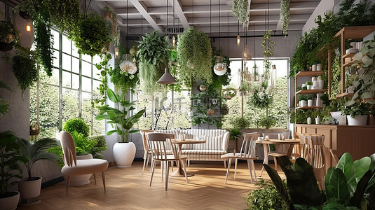 花店或咖啡店舒适的生活空间的 3D 渲染