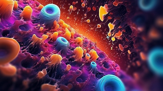 漂浮在渐变星系星云背景壁纸中的超现实主义 3D 微生物物体