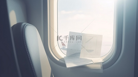 飞机窗户上放着一张纸和一些杂志