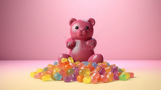 粉红色背景上的小熊软糖，配有果冻豆，非常适合孩子们3D 渲染