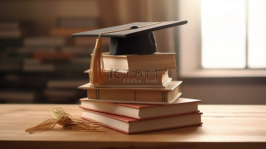 学习背景图片_毕业帽和木桌上堆积的书籍的 3D 渲染