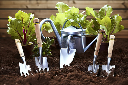 泥土中的园艺工具