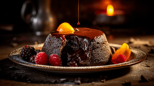 甜点熔岩巧克力蛋糕树莓背景