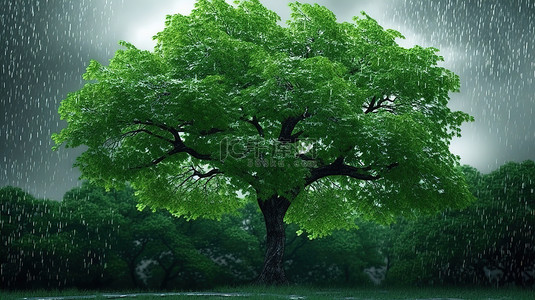 在充满活力的绿色背景下，一棵雄伟的树被雨淋湿的 3D 渲染