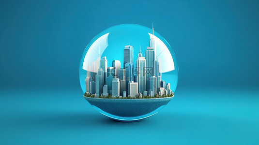 绿色了背景图片_城市中心的插图，蓝色背景上有摩天大楼，描绘了全球联系