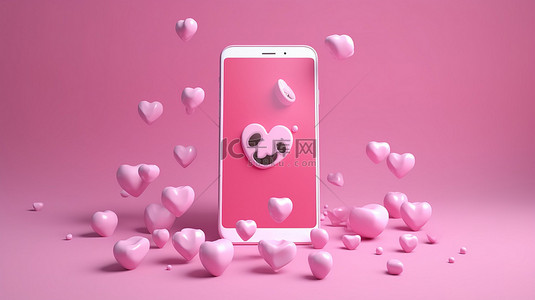 粉红色背景与 3D 智能手机和悬停的爱情图释