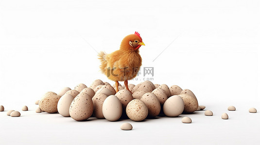 羽毛状母鸡和鸡蛋在空白背景 3D 渲染与完全隔离