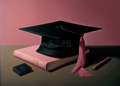 毕业季毕业帽背景图片_毕业学士帽书籍粉色立体简单背景