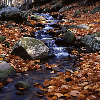 秋天岩石覆盖的山坡上的一条小溪