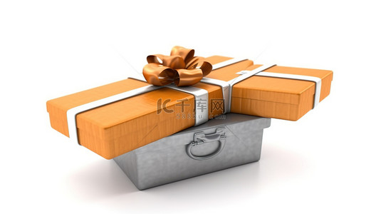 红色礼物盒背景背景图片_白色背景上 3D 渲染的未包装礼物盒和机票