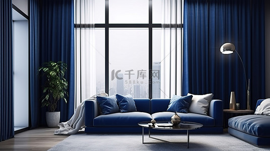 蓝色布艺家具装饰简约的客厅，可在 3D 渲染中欣赏令人惊叹的城市景观