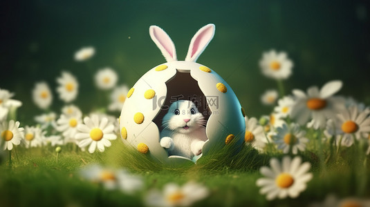 复活节兔子耳朵从雏菊之间的洞中冒出来的 3D 插图，带有复制空间