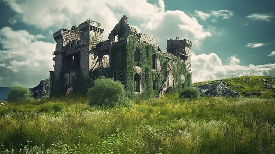 童话城背景图片_绿色草地的 3D 插图，有一座废弃的城堡，以石砖墙为特色