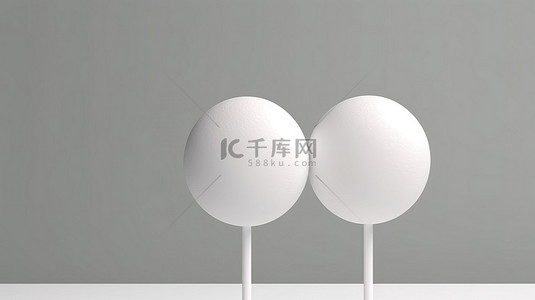 标志样机背景图片_3D 渲染空甜球甜点样机，并隔离两个空白白色棒棒糖包装纸
