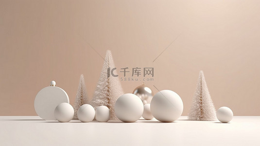 圣诞雪背景图片_以 3D 呈现的简约风格的当代圣诞布置