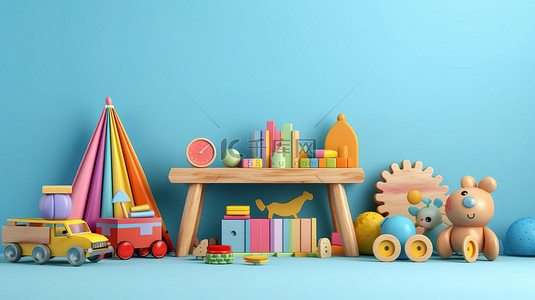蓝色横幅背景 3D 渲染图像上的儿童充满活力的木制玩具