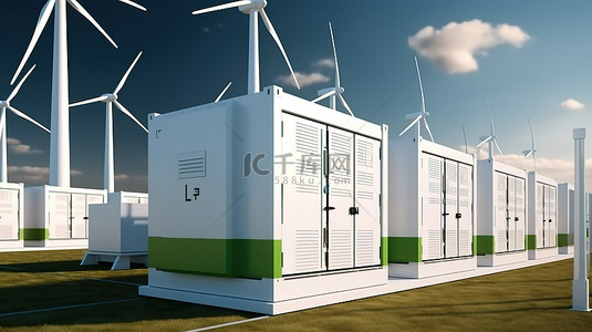 制造执行系统背景图片_三维渲染图描绘了利用光伏发电和风力涡轮机以及用于可持续能源的电池容器的储能系统可再生发电厂
