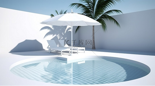 热带天堂 3D 模型，棕榈树成荫的游泳池配有日光躺椅和白色舞台上的雨伞