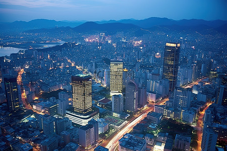 韩国首尔城市夜景鸟瞰图