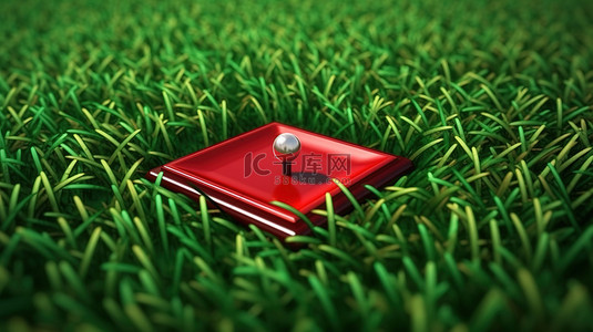 郁郁葱葱的绿草广场上红色导航销的 3D 插图