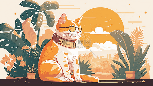 夏日里花园里的坐着的橘色猫咪