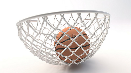 篮球框背景图片_在白色背景下的 3D 渲染中悬挂在篮筐上的单个篮球