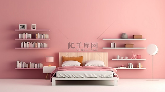彩虹灯带背景图片_带书架灯和橱柜的舒适粉色卧室的 3D 渲染