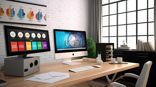 时尚的现代工作空间，在屏幕上采用 3D 创建的图形设计软件