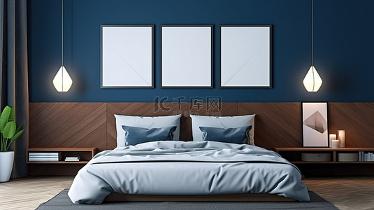 海报框架的 3D 渲染在现代卧室环境中模拟，空的深蓝色墙壁