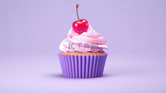 粉色背景，双色调风格渲染蓝色圣代冰淇淋纸杯蛋糕，上面放着樱桃