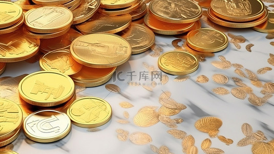 藏纹理背景图片_财富金币和货币的大理石纹理几何 3D 渲染