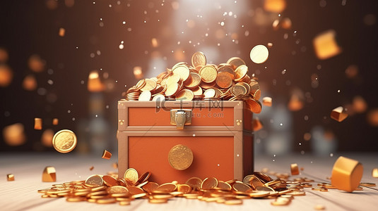 惊喜大放送背景图片_3D 渲染的惊喜礼品盒插图，里面有钱币和圣诞节奖励