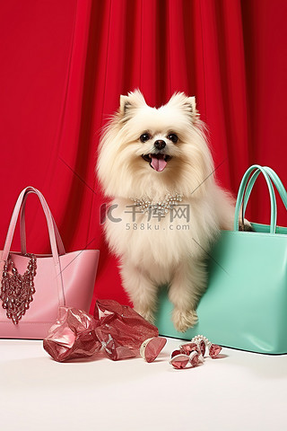 珠宝背景图片_可爱的狗靠近鞋子珠宝和红色购物袋
