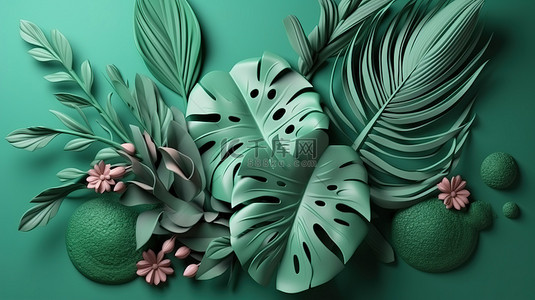 热带叶子背景图片_热带树叶的充满活力的 3D 排列由橡皮泥制成的郁郁葱葱的棕榈叶和龟背竹绿的集合