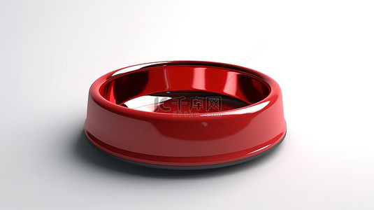 白色背景，3D 渲染一个空的红色塑料宠物盘，适合狗猫和其他小动物