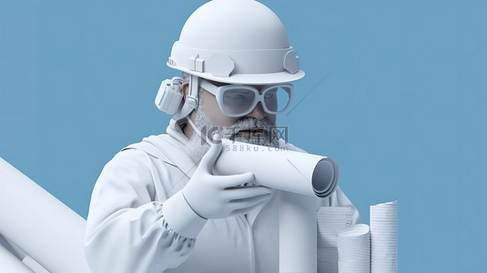 一位戴着管文件和 3D 眼镜建模的白头盔建筑师