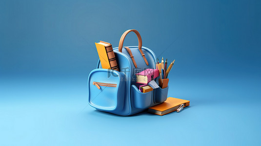 蓝色背景与 3D 书和包是教育的象征
