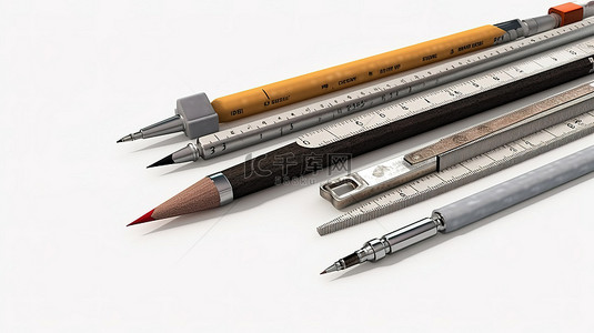 卡尺标尺背景图片_白色背景，带有标尺笔铅笔刷和画笔的 3D 渲染图标