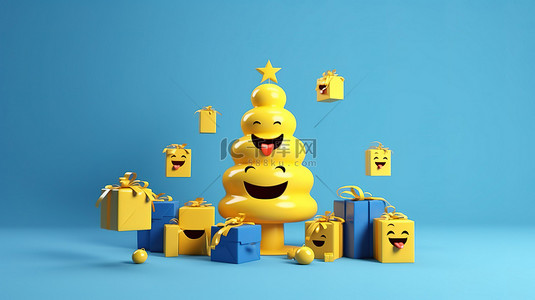 欢快的圣诞庆典 3d 黄色字体微笑表情符号和充满活力的蓝色背景上带礼品盒的俏皮圣诞树