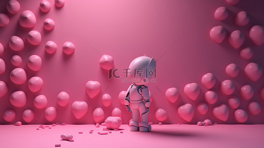 人物卡片背景背景图片_情人节主题背景，3D 人物持有粉红色的心