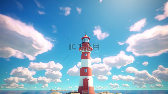 阳光明媚的日子里灯塔的 3d 渲染，蓝天清澈，云彩蓬松