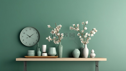 优雅的家居装饰，木桌上的花瓶和时钟强调绿色墙壁 3D 渲染
