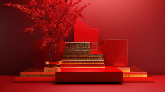 台阶背景图片_在 3d 渲染中用金色树枝和红色台阶显示抽象背景的插图
