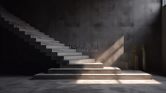 混凝土灰色表面上带有头顶灯光照明的暗室中浮动楼梯的 3D 渲染