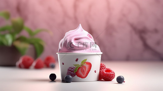 冰淇淋教具背景图片_粉红色浆果冰淇淋纸杯模型上夏季横幅的前视图，带有复制空间 3D 渲染
