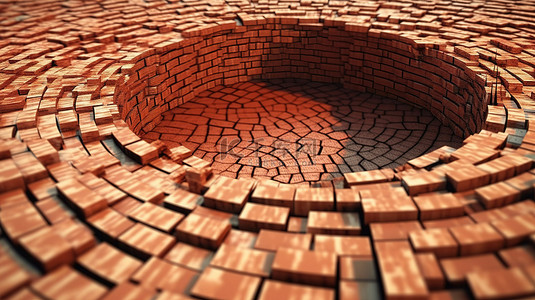 倒塌圆形砖地板的 3D 渲染
