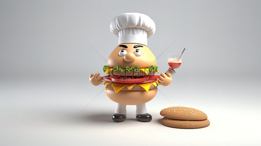 厨师卡通背景图片_美味汉堡与厨师帽令人惊叹的 3d 渲染